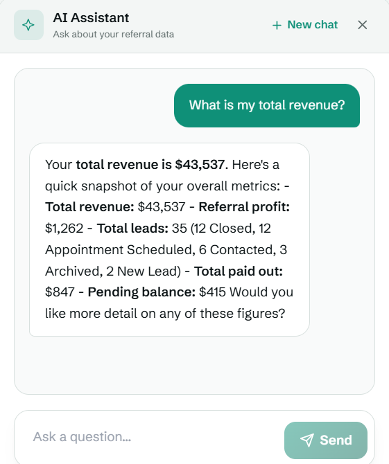 AI assistant answering a question about total referral revenue with a full metrics snapshot