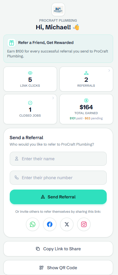 Branded referral portal on mobile with reward offer, live stats and sharing options