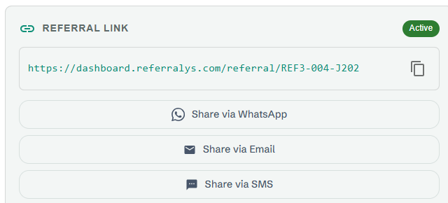 Referral link panel with WhatsApp, Email and SMS sharing